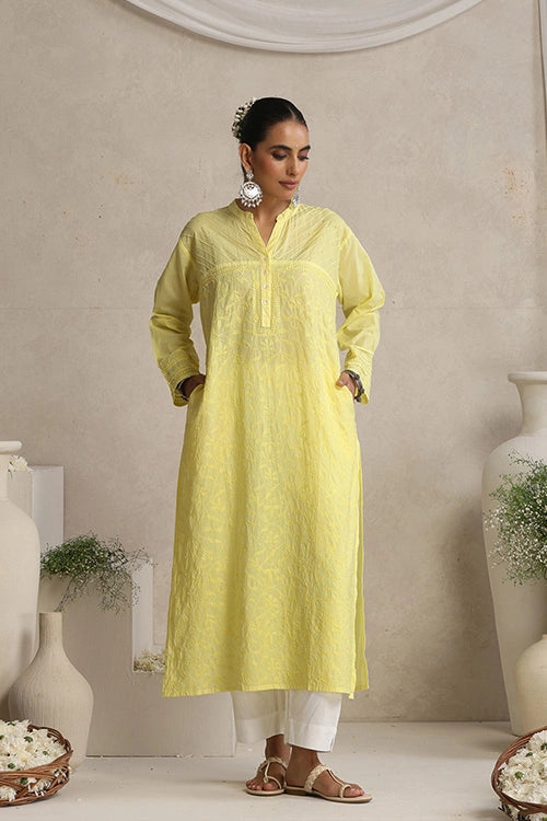 Shwet Women Yellow Chikankari Kurta