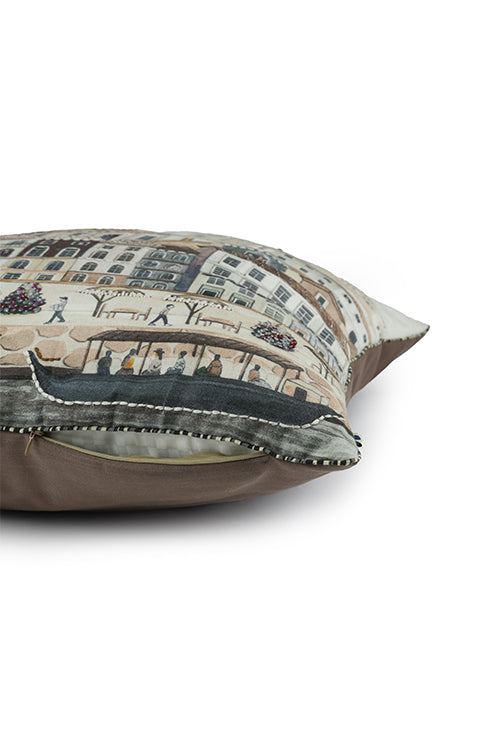 Onset Homes Nagari Hand Embroidered Cushion-Brown
