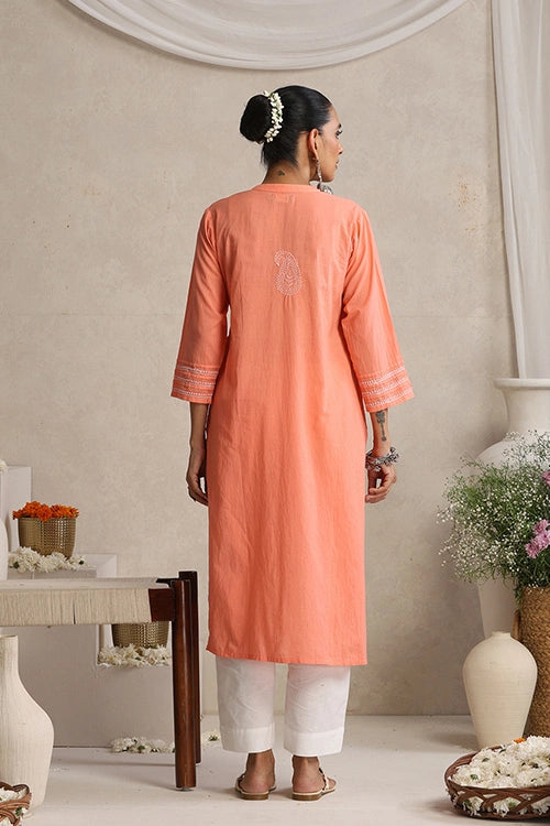 Shwet Women Peach Chikankari Kurta