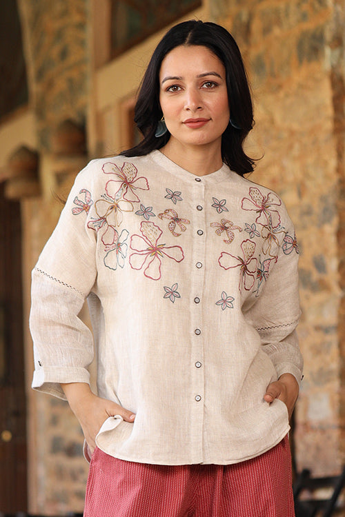 Dharan "Samara Top" Beige Embroidered Top