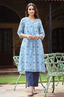 Dharan Swril Blue Block Printed Tunic Kurta For Women Online