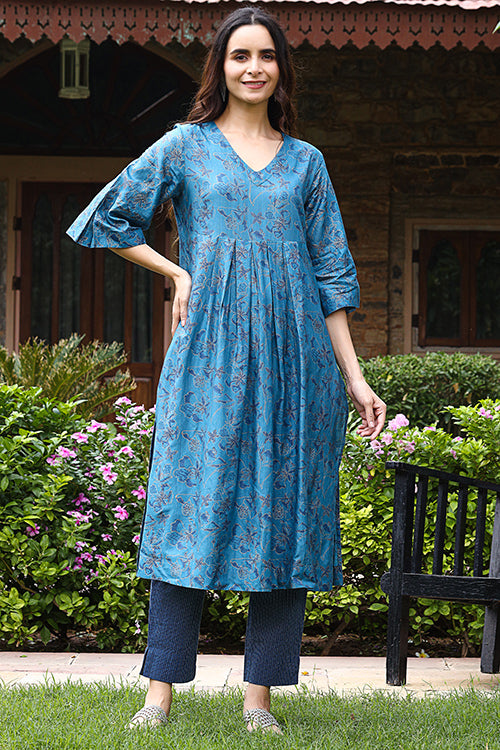 Dharan Twinkle Blue Block Printed Floral Kurta For Women Online