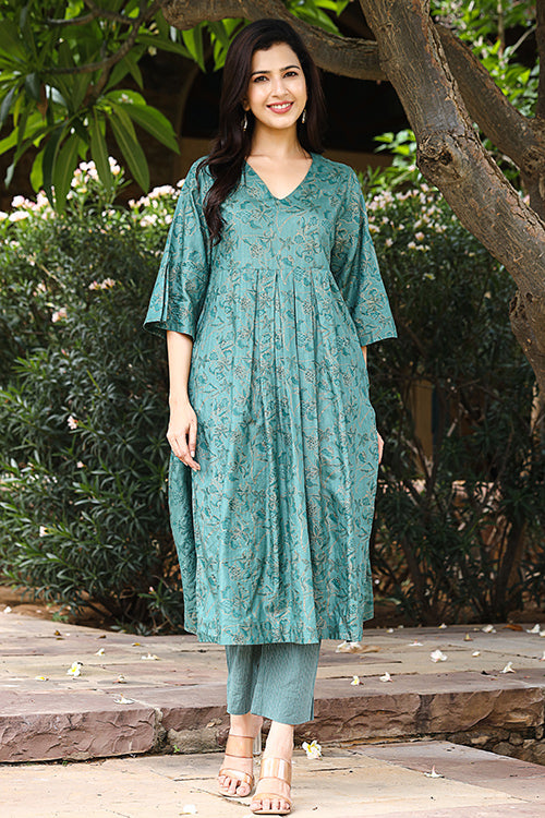 Dharan Twinkle Green Block Printed Floral Kurta For Women Online