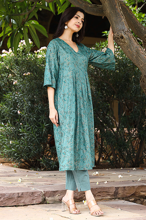 Dharan "Twinkle Kurta" Green Block Printed Kurta