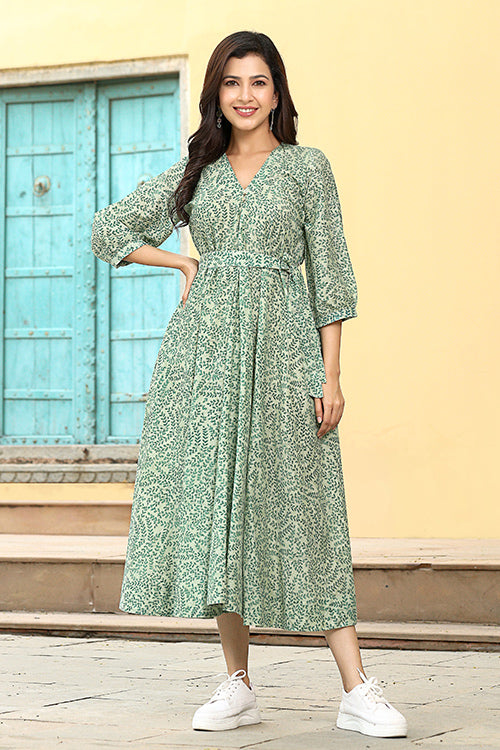 Dharan Khushi Green Pure Cotton Block Printed Dress For Women