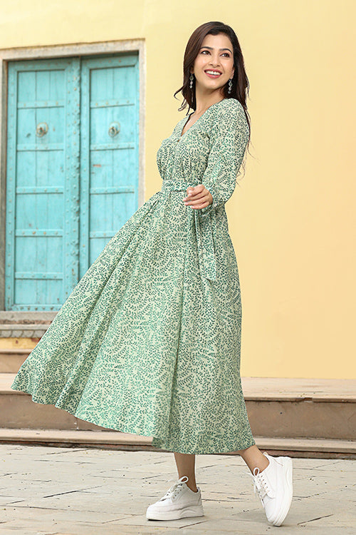 Dharan "Khushi Dress" Green Block Printed Dress