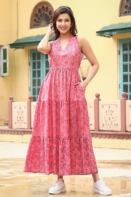Dharan "Gulmohar Dress" Fuchsia Block Printed Dress
