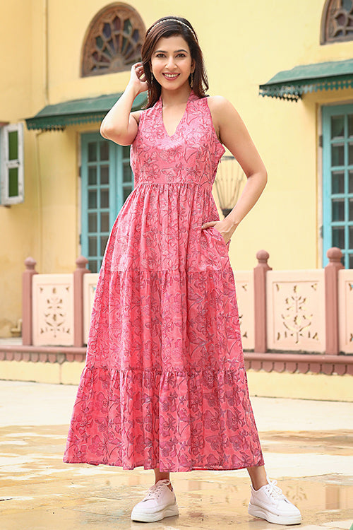 Dharan "Gulmohar Dress" Fuchsia Block Printed Dress