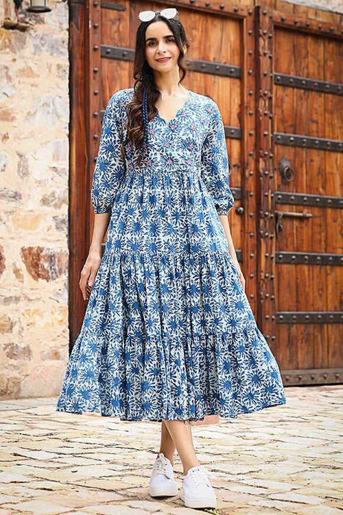 Dharan "Daisy Dress" Indigo Block Printed Dress