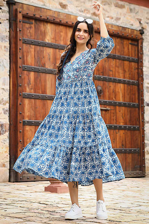 Dharan "Daisy Dress" Indigo Block Printed Dress Okhaistore Dharan "Daisy Dress" Indigo Block Printed Dress Okhaistore