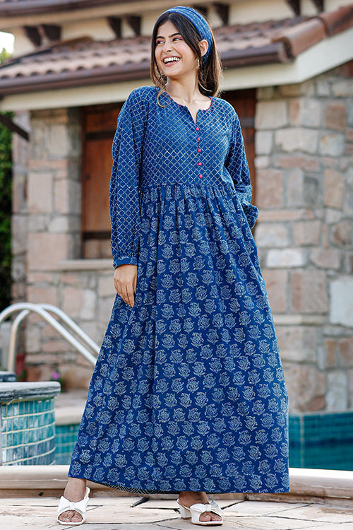 Blue Block Print Maxi Dress Hand Block Print Dress, Block Print Dress, Indian Tunic, Vintage Bohemian Blue Block Print Maxi Dress Hand Block Print Dress, Block Print Dress, Indian Tunic, Vintage Bohemian