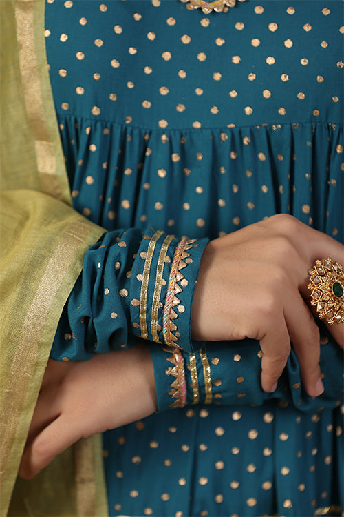Shuddhi Teal Green Tier Kurta With Chuddidar And Duppatta