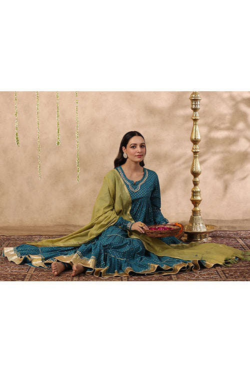 Shuddhi Teal Green Tier Kurta With Chuddidar And Duppatta