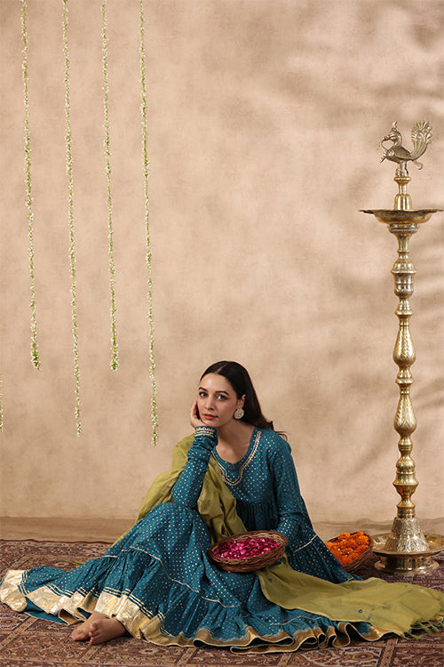 Shuddhi Teal Green Tier Kurta With Chuddidar And Duppatta