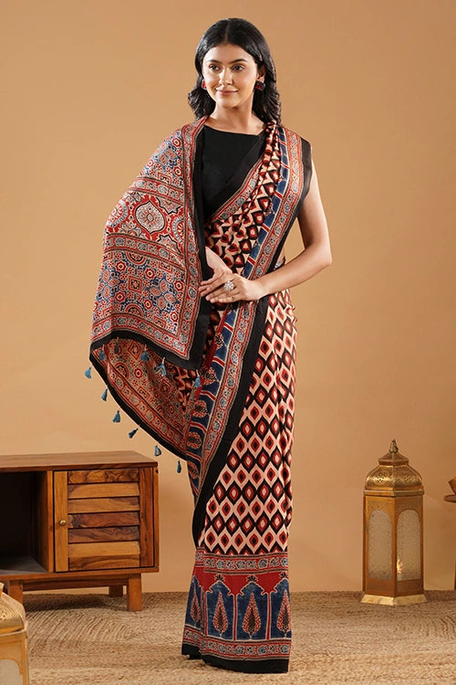 TENAARO Geometric Red Ajrakh Hand Block Printed Modal Silk Saree