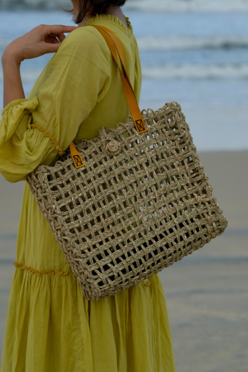 Kadam Haat Handmade Sabai Grass Mesh Bag - Large (Turmeric)