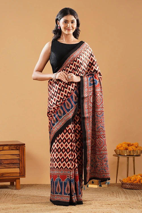 TENAARO Geometric Red Ajrakh Hand Block Printed Modal Silk Saree