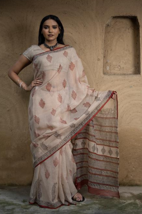 TICH Classic Appeal. Bagru Hand Block Printed Kota Doria Saree - Royal Ornate