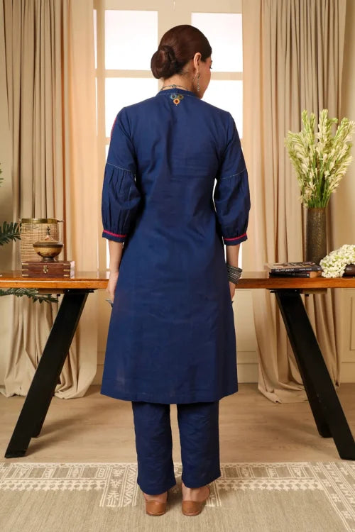 Rangsutra Kaanch Blue A-Line Cotton Kurta With Pacca Hand Embroidery