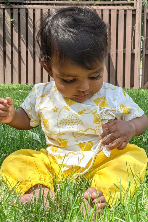 Whitewater Kids Unisex Organic Patang Angrakha Top With Yellow Pants