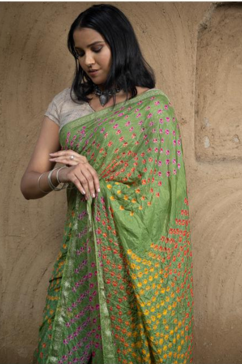 Bandhini Soft Polysilk Saree - Green Medley