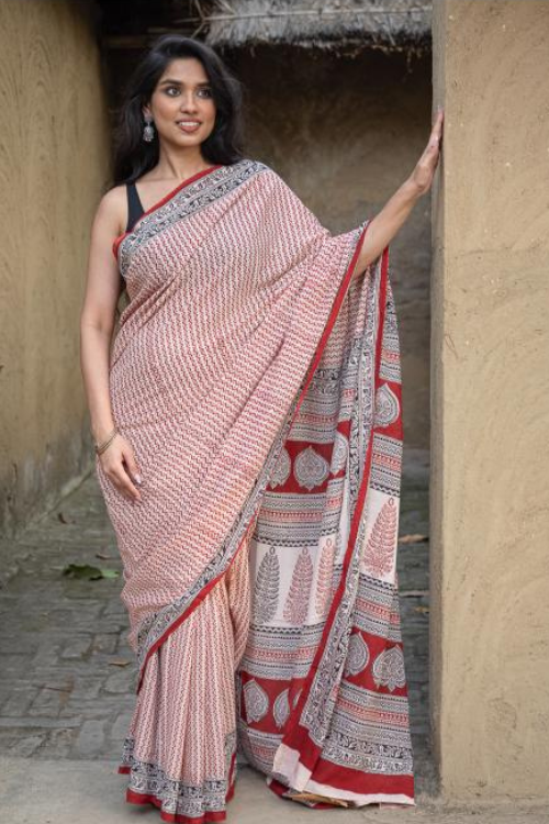 TICH Exclusive Bagh Hand Block Printed Cotton Saree - Geometrics