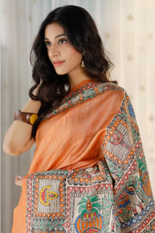 Diorama Designs Madhubani Hand-painted Shiv Parvati Silk Saree