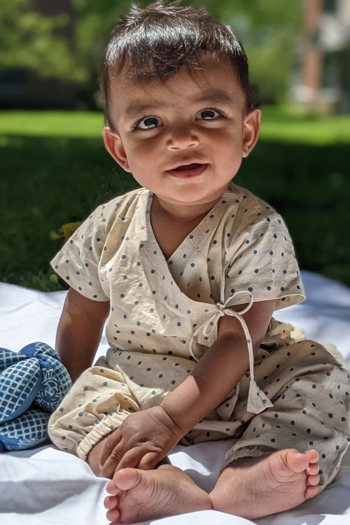 Unisex Organic Indigo Beige Angrakha Top With Polka Pants Whitewater Kids