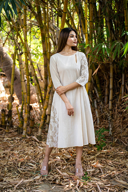 Moralfibre Kora Dress With Golden Peacock Details On Muslin Asymatrica   Okhaistore