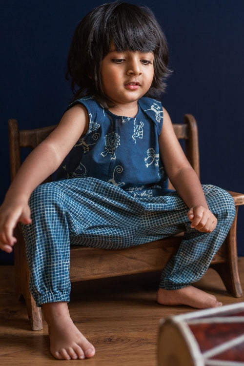 Whitewater Kids Unisex Organic Zoo Jhabla With Indigo Check Pants