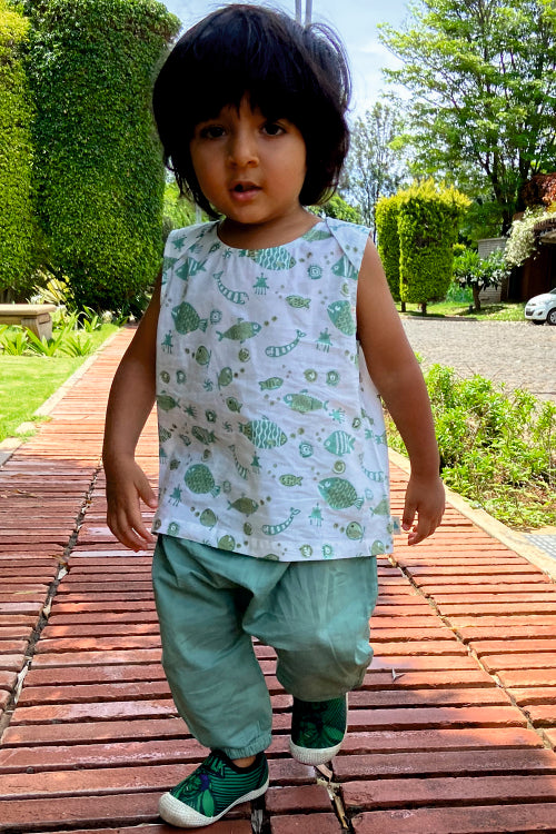 Whitewater Kids Unisex Organic Koi Mint Jhabla with Mint Pants
