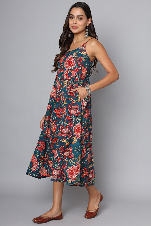 Shuddhi Bottle Green And Red Spaghetti Dress