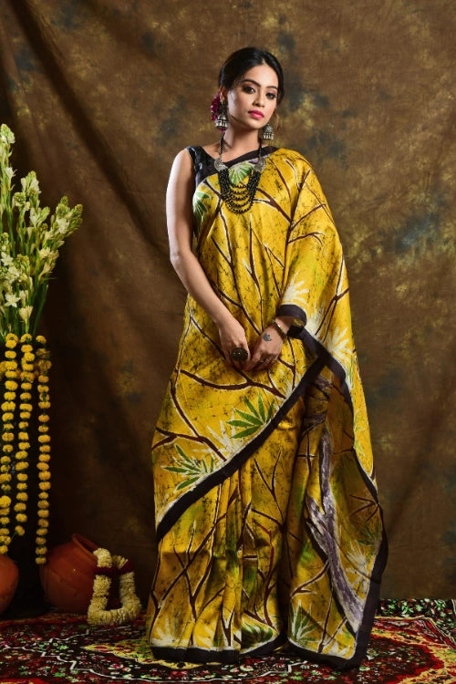 GC 'Sparrow' Handwoven Hand Batik Pure Silk with SilkMark Saree