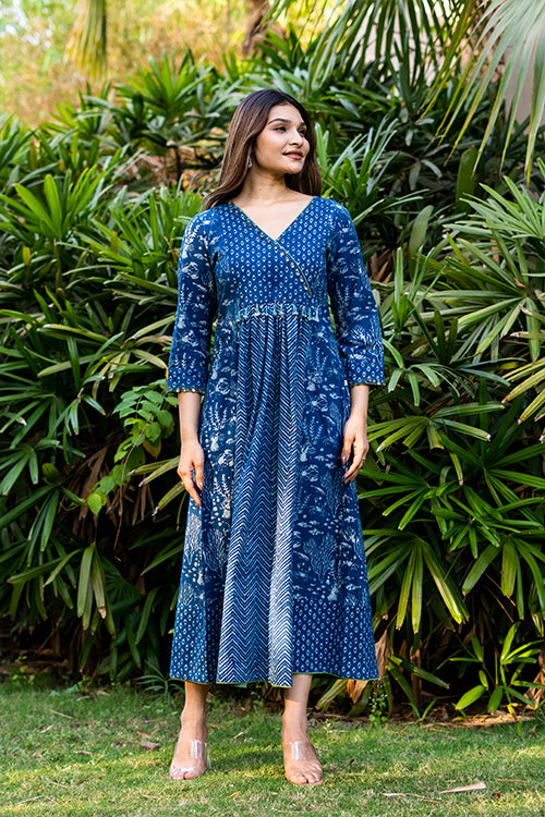 Moralfibre Handblock Printed Indigo Dress With Hand Embroidered Beads –  Okhaistore