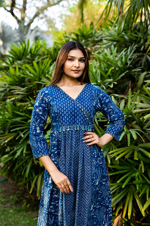 Moralfibre Handblock Printed Indigo Dress  With Hand Embroidered Beads And Coin Work
