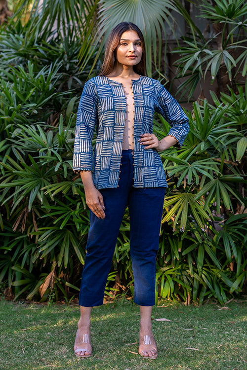 Moralfibre Cane Handblock Print  Indigo Jacket  With Hand Made Potli Details