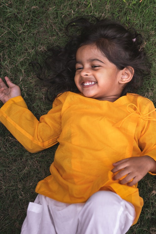 Whitewater Kids Unisex Organic Yellow Angrakha Top With White Pants