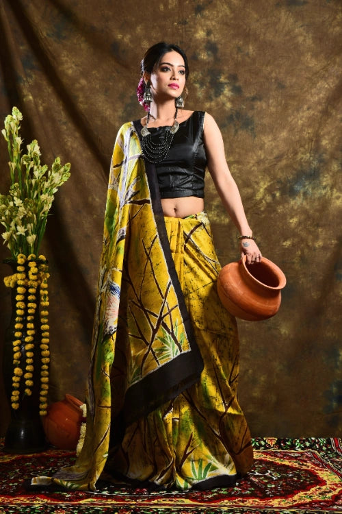 GC 'Sparrow' Handwoven Hand Batik Pure Silk with SilkMark Saree