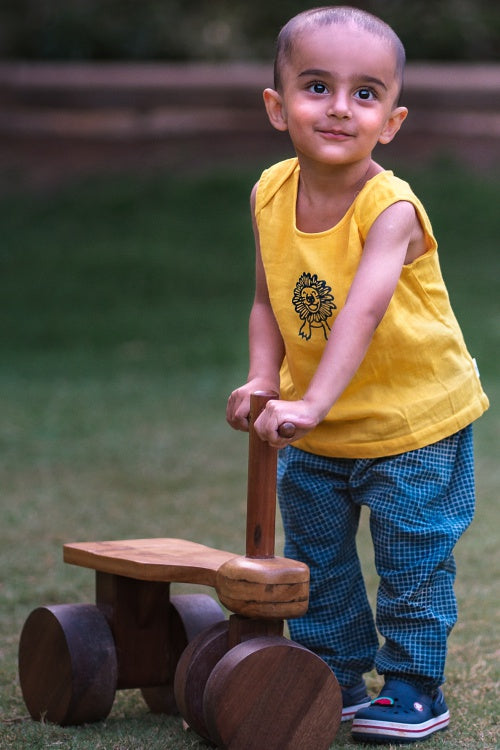 Whitewater Kids Unisex Organic Zoo Yellow Jhabla With Indigo Check Pants