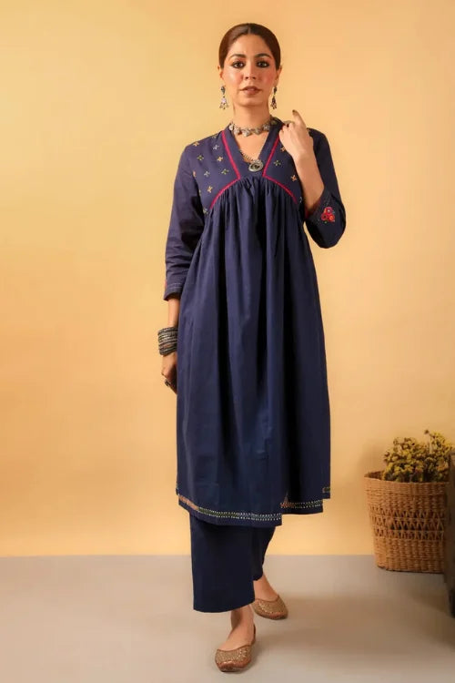 Rangsutra Kaanch Blue V-Neck Cotton Kurta With Pacca Hand Embroidery