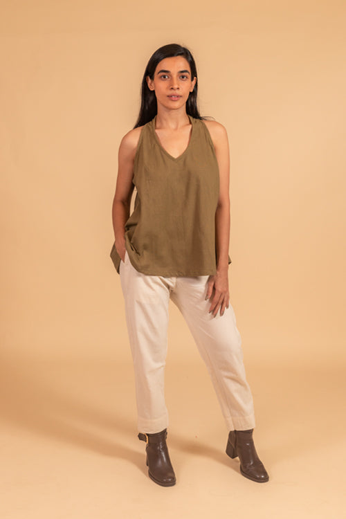 Moralfibre V Neck Incut Sleeves Top With Elasticated Side Panel From "Shapes Collection " - Khakhi