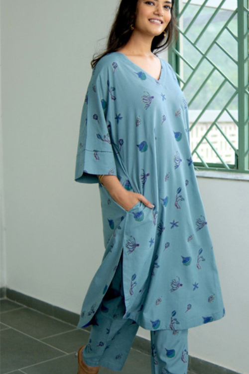 Dharan Hand Block Print "Teal Aura Suit Set"