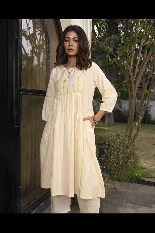 Rangsutra Suhani Cream Striped Cotton Kurta With Soof Hand Embroidery
