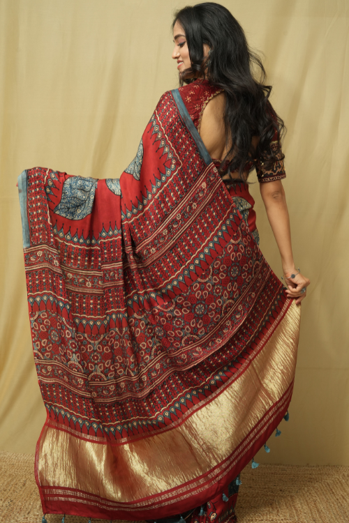 Red Ajrakh Print Tissue Pallu Modal Saree | Jabbar Khatri