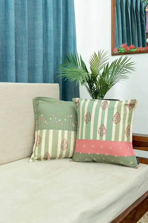 Craftroots Peach & Mint Green Block Print And Aari Work Daisy Cushion Cover Set Of 2