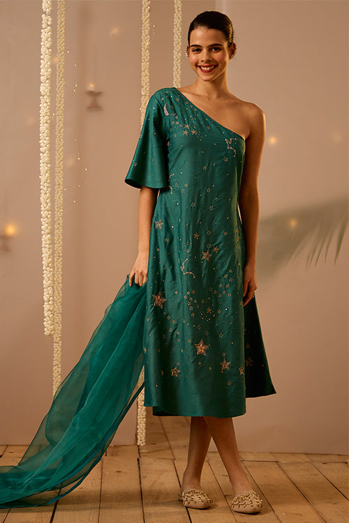 Stellar Embroidered Light Blue One Shoulder Dress With Dupatta Online Okhaistore Stellar Embroidered Light Blue One Shoulder Dress With Dupatta Online Okhaistore