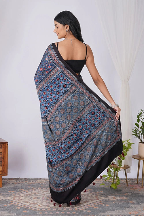 TENAARO Jaal Indigo Ajrakh Hand Block Printed Modal Silk Saree