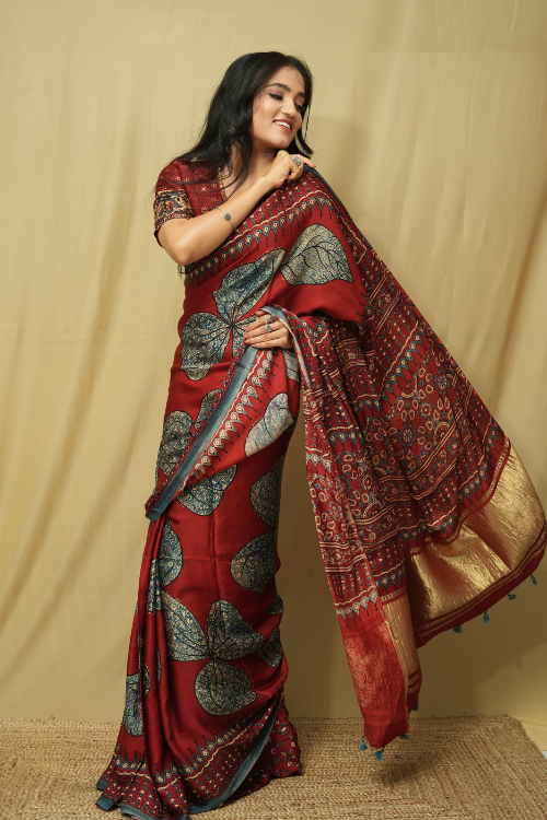 Red Ajrakh Print Tissue Pallu Modal Saree | Jabbar Khatri