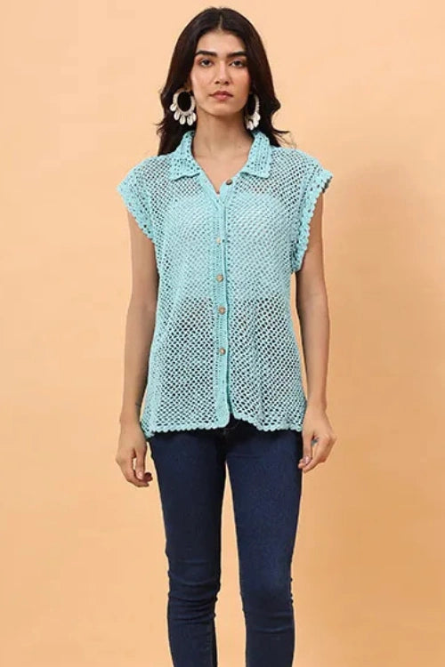 Ajoobaa "Mesh" Crochet Shirt - Sky Blue