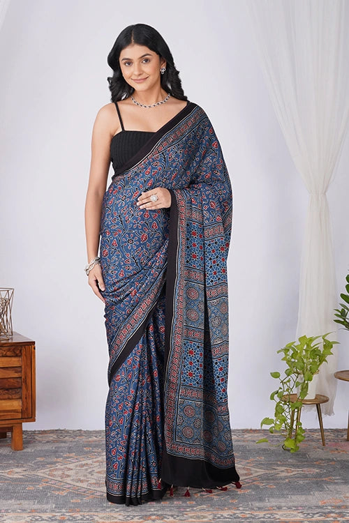 TENAARO Jaal Indigo Ajrakh Hand Block Printed Modal Silk Saree